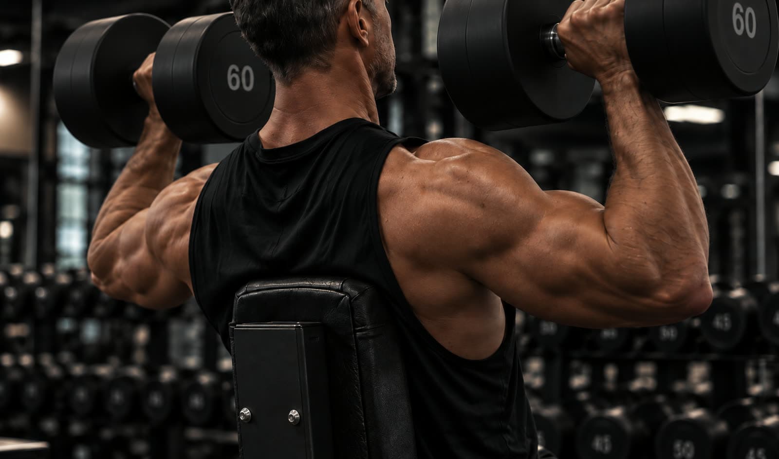 Her training partner pressing two dumbbells overhead