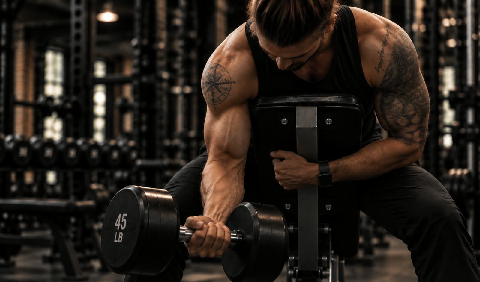 A member curling a heavy dumbbell with his arm braced on a bench