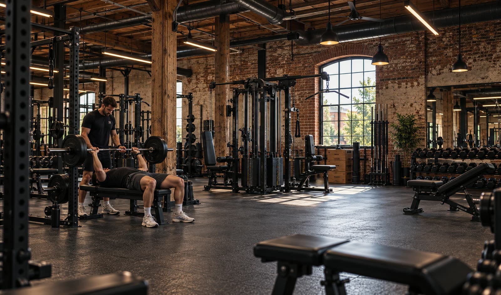 A lifter benching in a power rack, with more racks behind him